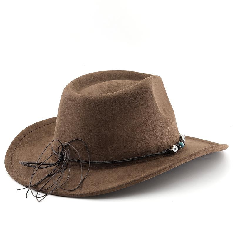 Solid color suede fedora hat, ethnic style belt, western cowboy hat, curled brim retro equestrian hat, wool felt hat