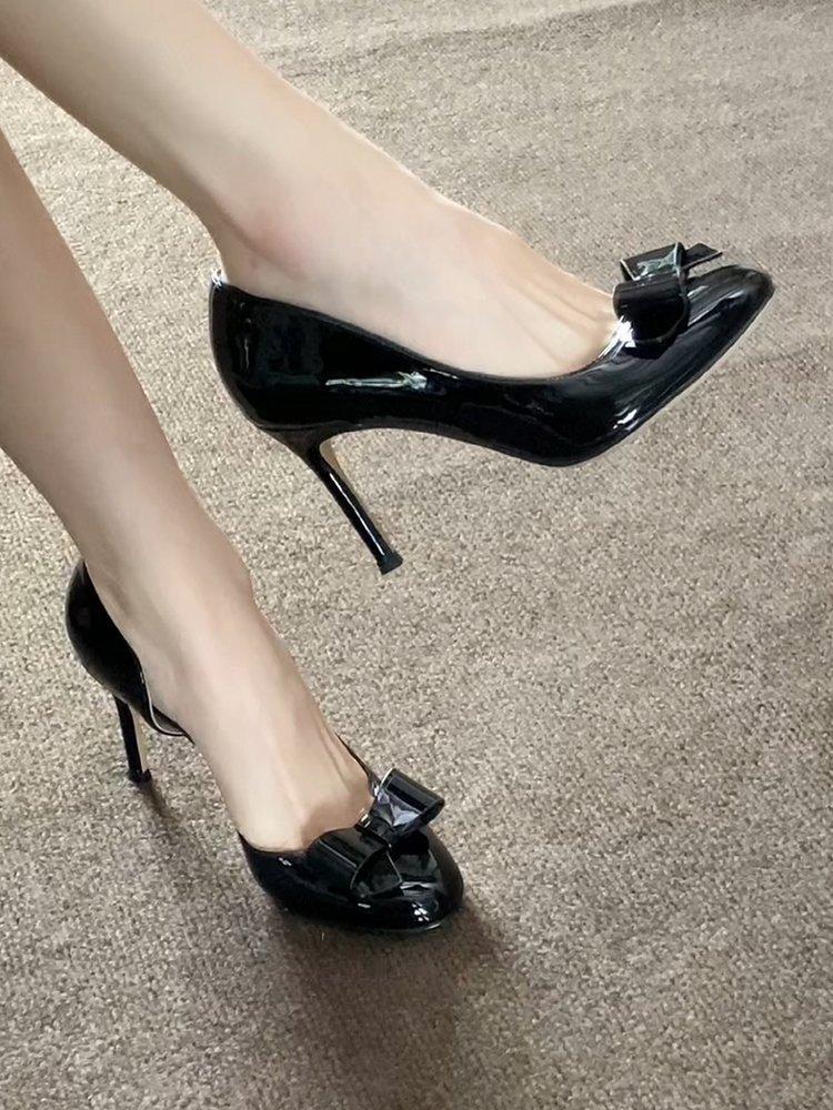 

Soft leather version~ fairy style high heels women s 2025 summer new Congyuan same bow side space stiletto shoes 34