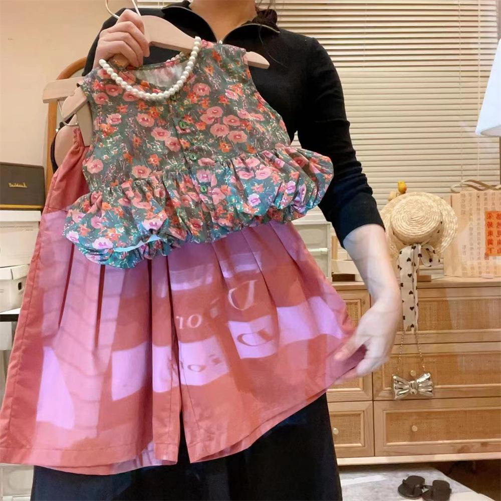 Girls' Summer Children's Clothing Set: Floral Print Sleeveless Tank Top + Skirt-Pants Fresh Two-Piece Set