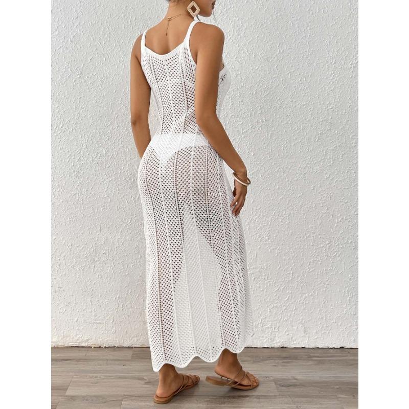 Damen Strand Gewebt Hohl Sexy Slim Fit Urlaub Neckholder Langes Kleid