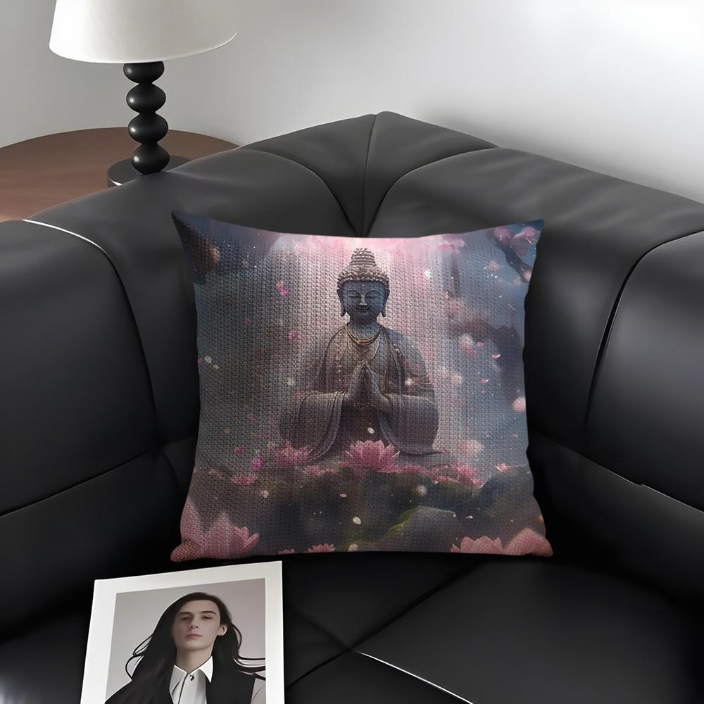 Buddha Statue And Lotus Cushion Cover Natural Linen Organic Fabric DoubleSided Printing Sofa Home Decor Gift Pillow Case
