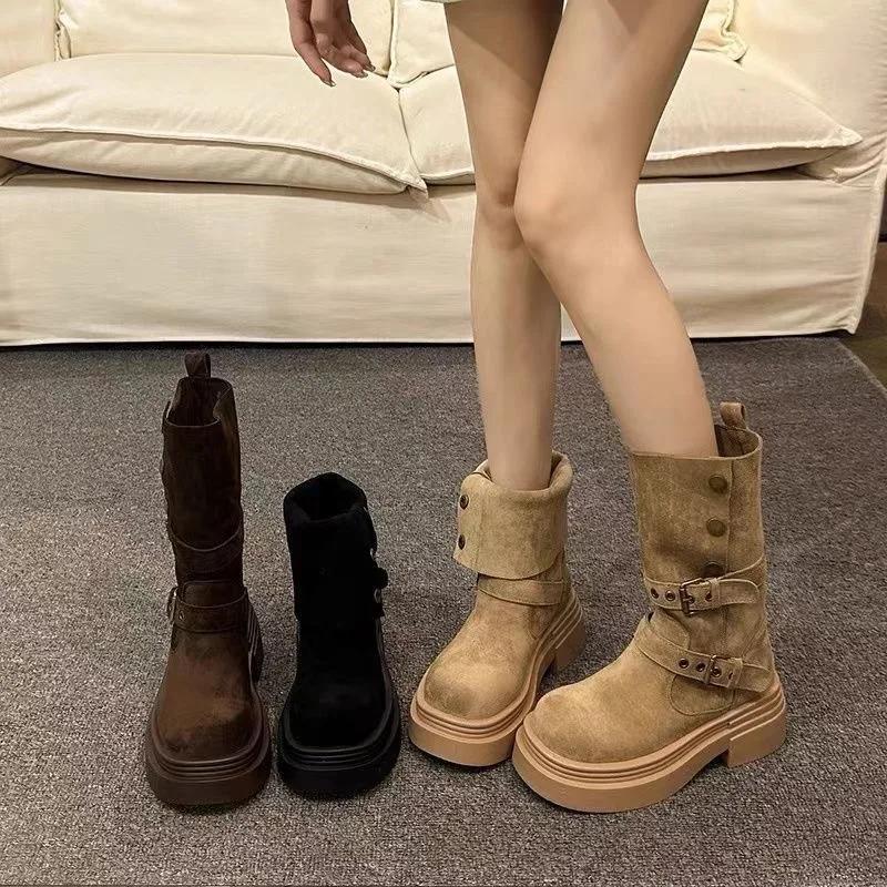 Fashion Women's Long Boots Fashion Platform Height Increasing Outdoor Knight Boots  Spring Autumn New Retro Belt Buckle Women Shoes