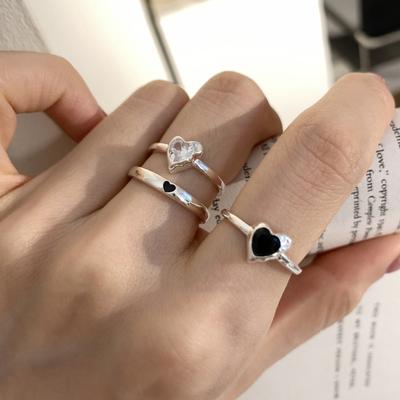 BFCLUB  Silver Color Black Heart Ring For Women Fine Jewelry Finger Adjustable Open Vintage Ring For Party Birthday Gift