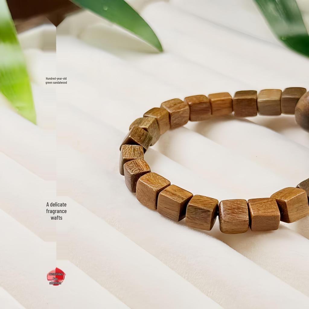 Argentina Green Sandalwood Luminous Stone Square Bead Bracelet In Antique Style – Buddhist Prayer Wenwan for Men and Women