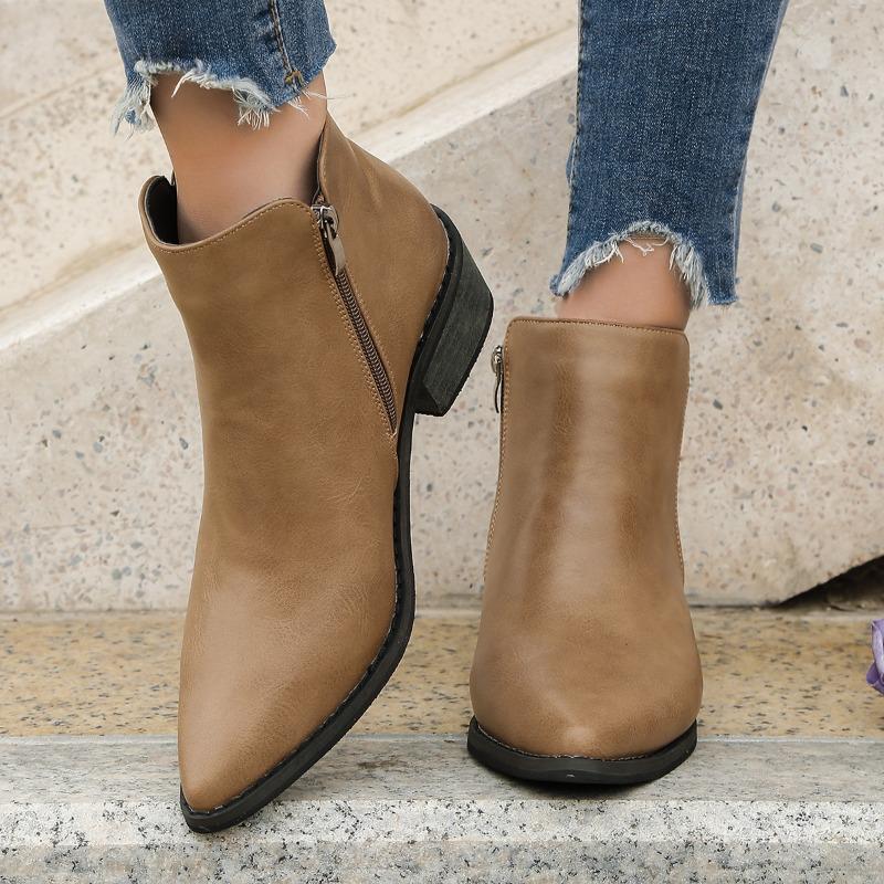 2025 New Autumn Women Ankle Boots Retro Style Pointed Toe Leather Boots Solid Short Barrel Chunky Heel Western Boots