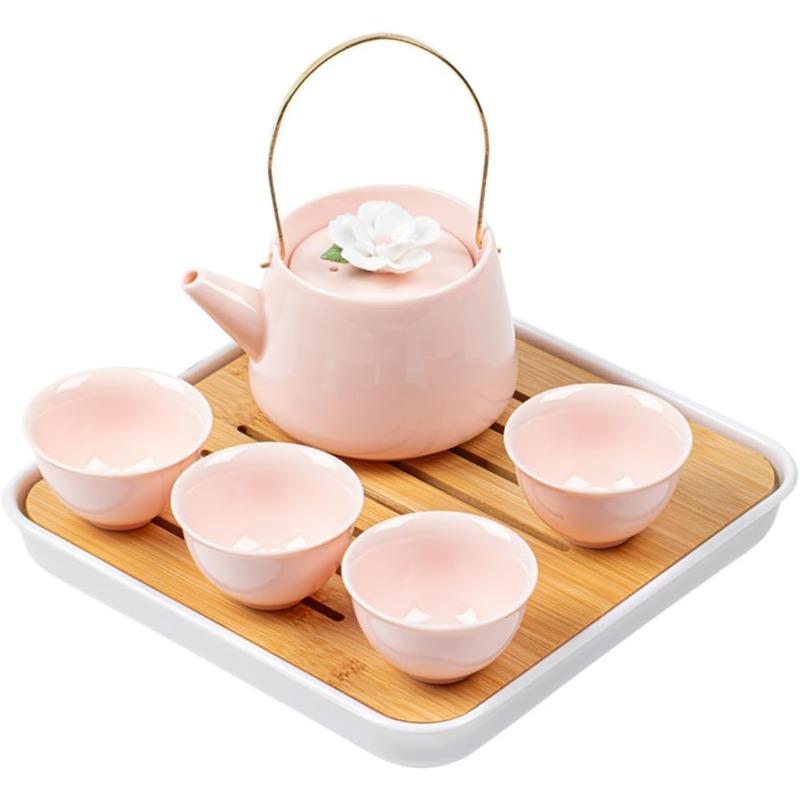 

Chinese Porcelain Tea Set, Pink Kungfu Teapot Set with 1 Teapot, 4 Tea Cups, 1 Tea Tray, Golden Handle Tea Pot Teasets for Home Tea Party Women Gift