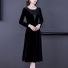 Women's Velvet Long Sleeve V-Neck Mesh Detail Elegant Midi A-Line Evening Party Formal Slim Dress