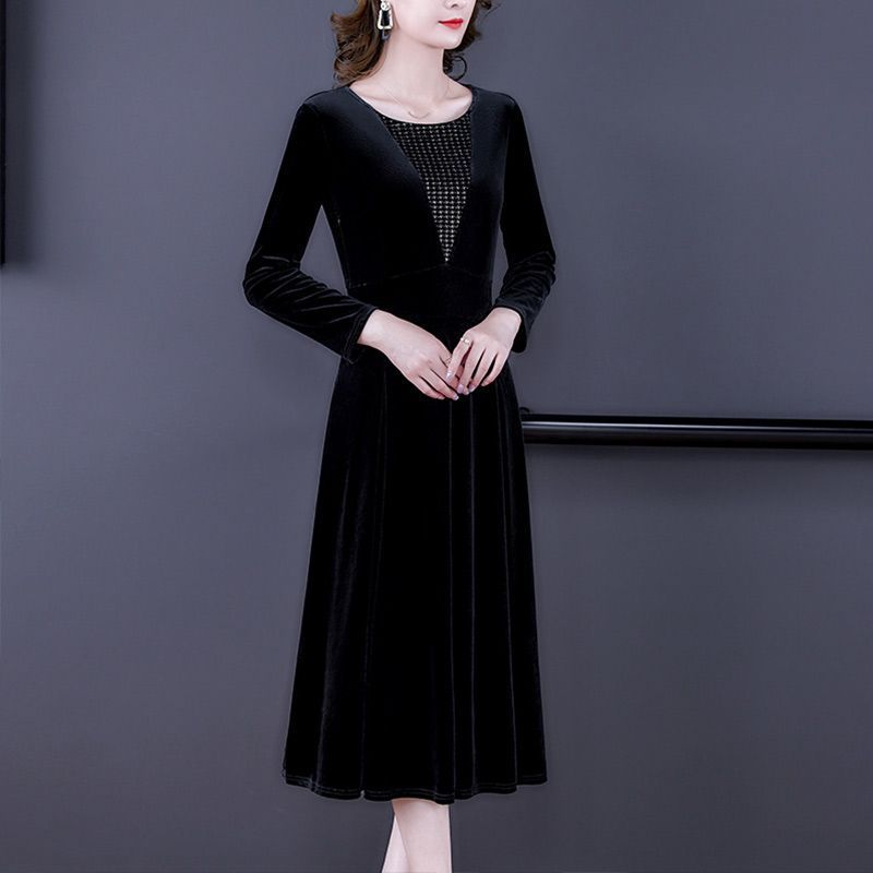 Women's Velvet Long Sleeve V-Neck Mesh Detail Elegant Midi A-Line Evening Party Formal Slim Dress