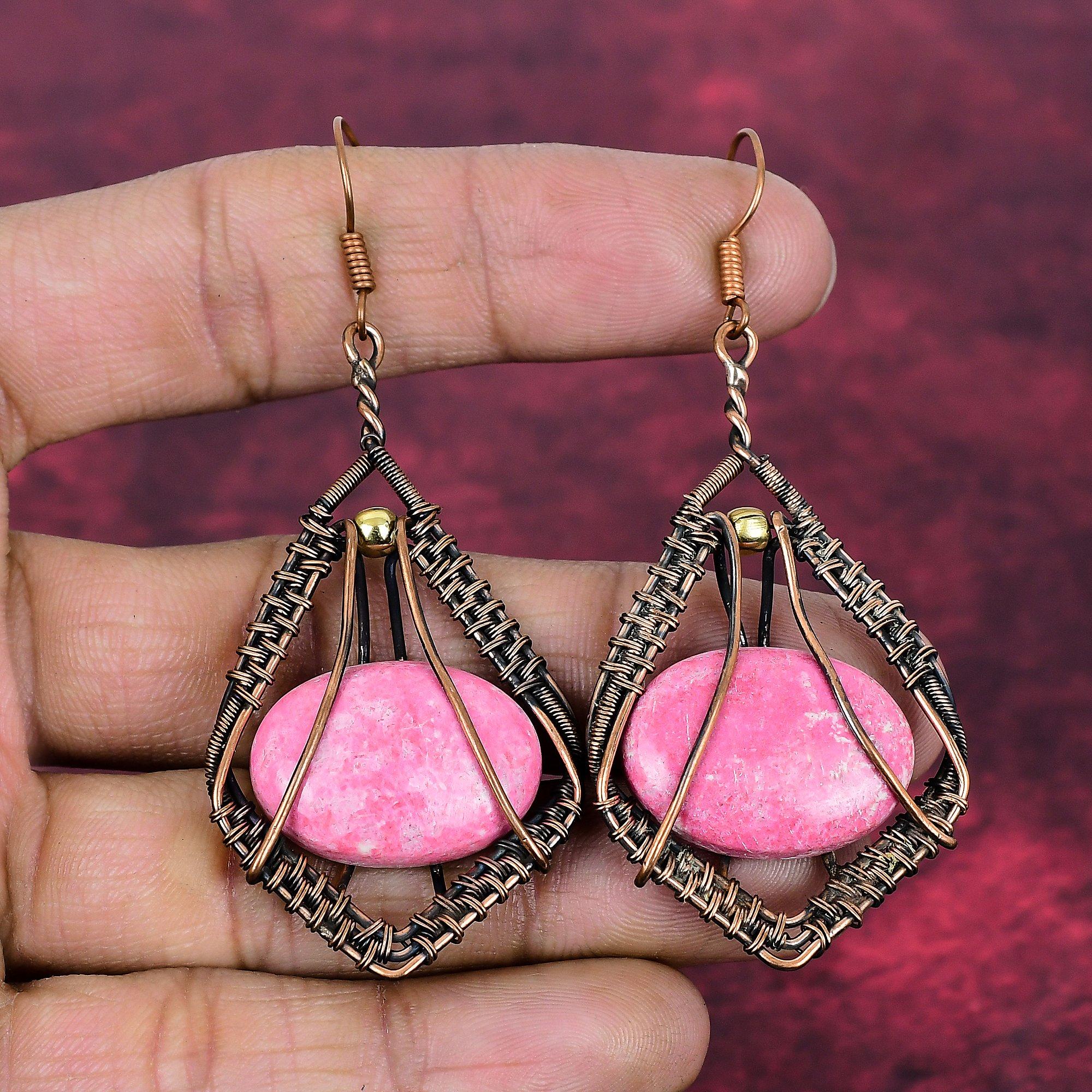 

Thulite Real Gemstone Earrings Copper Wire Wrapped Jewelry Drop Handmade Earring