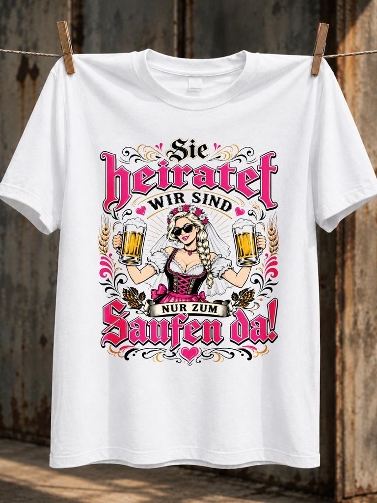 Sie Heiratet Wir Sind Nur Zum Saufen Da Oktoberfest Bride Holding Beer Gothic Pink Lettering Party Unisex All Tshirt