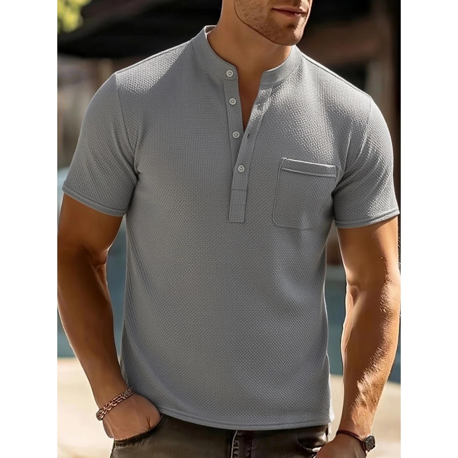 

Men s Casual Fashionable -color Single-pocket Short-sleeved T-shirt - Men s Checkered Texture Stand-up Collar Short-sleeved T-shirt XXXL