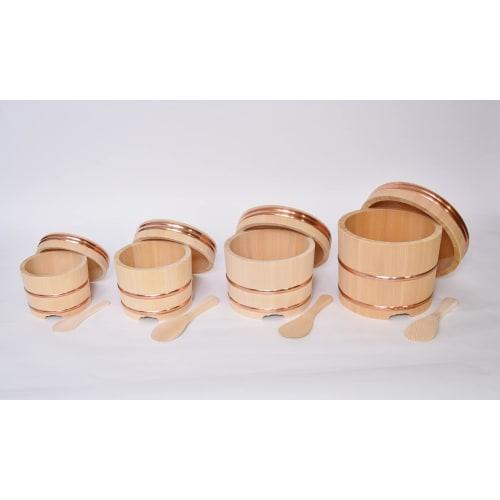 Kiso Kogei Kiso Sawara Edo-style Rice Container, 5-cup capacity, with handmade ladle, natural finish