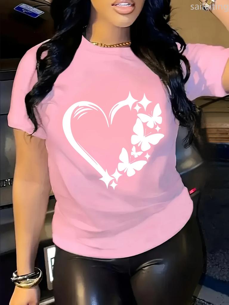 Womens Casual Sleeve Crew Neck T-Shirt Vibrant Orange Butterfly Heart Print Lightweight Breathable Fabric Aesthetic Clothes