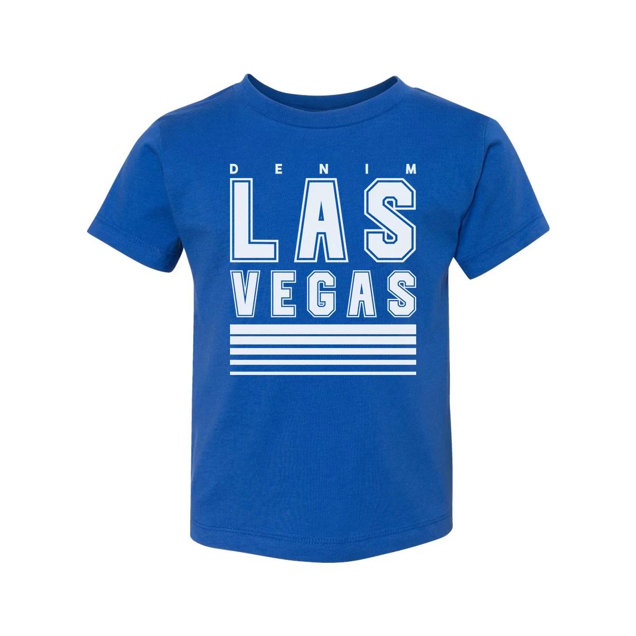 Denim Las Vegas Graphic T Shirt Unisex Tee With Bold Block Letters And Stripes M