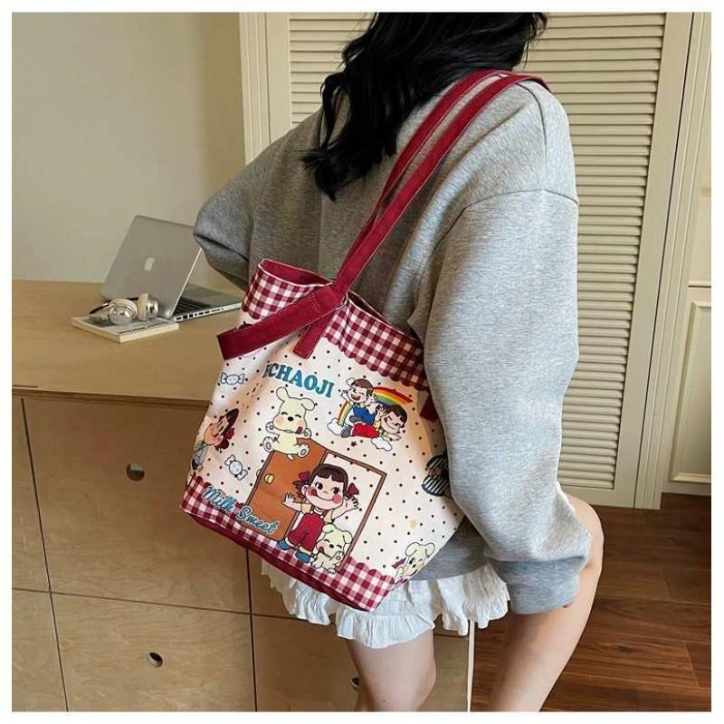 

Cute Cartoon Canvas Bag Women s Large-capacity Single-shoulder Bucket Niche Casual All-match Tote 36x14x28 червоний