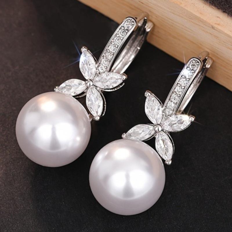 Drop Earrings for Wedding Women Simulated Pearl Pendant Accessories with Bright Zirconia Luxury Graceful Jewelry