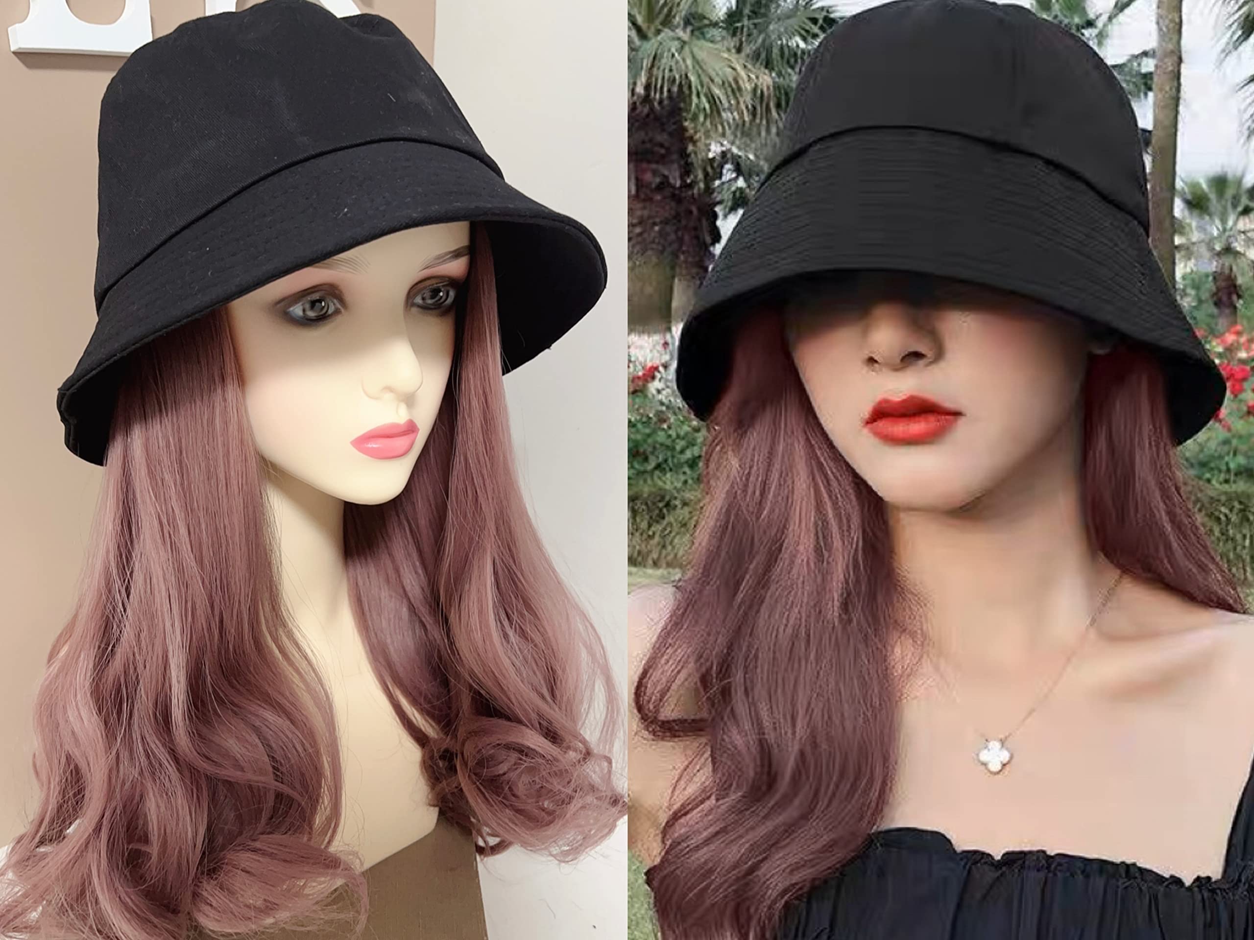 

Lily s select Bucket Hat Wig, Long Curly, 35cm, Pink Ash, with Hat Extensions, Point Wig, Ivory (Black x Ash Pink (35cm Curl))