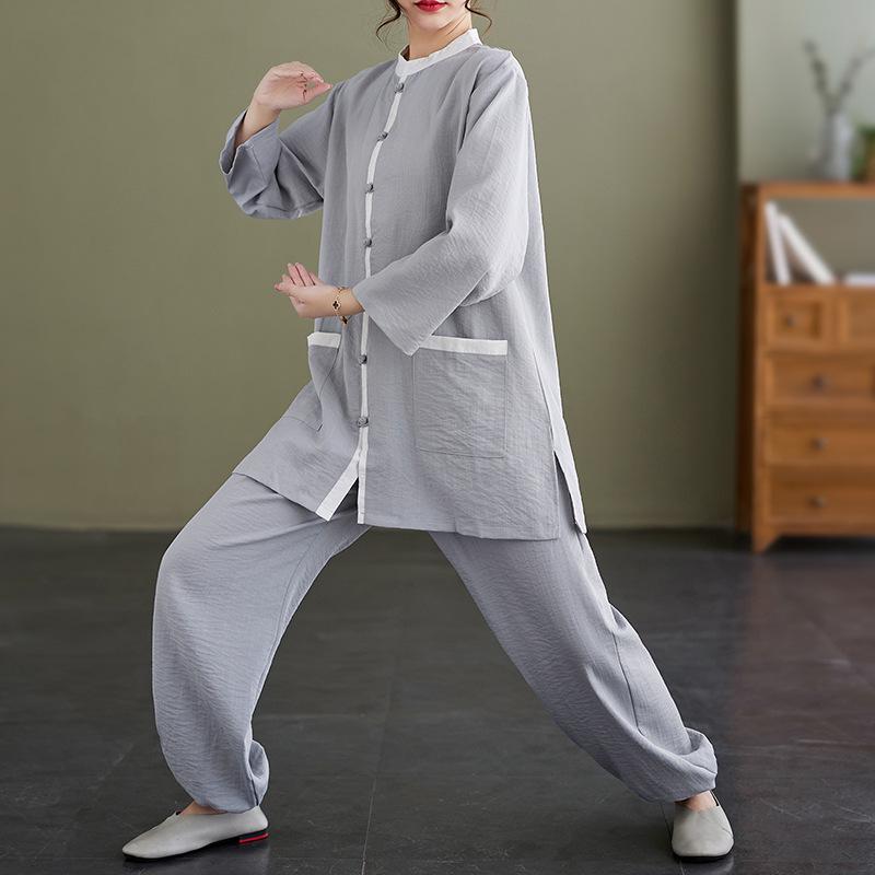 

Унисекс Свободный Большого размера Ретро Костюм Дзен для чая Тай-чи из хлопка и льна с застежками-пуговицами в виде лягушек L светло-серый