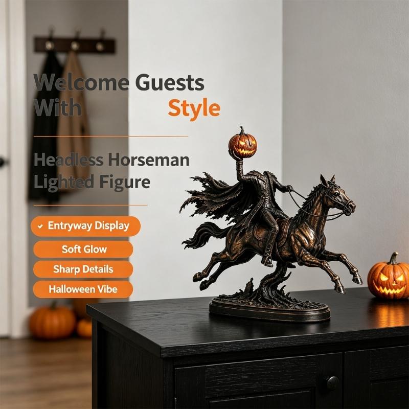 Saisonale Kopfloser Reiter Figur, Harz Tischdeko mit Kürbislicht Akzent für Kaminsims und Indoor Party Styling Innen