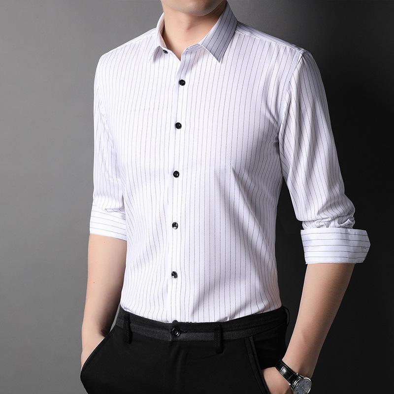 Men's Vertical Stripe Long Sleeve Shirt - Turn-Down Collar, Slim Fit, Iron-Free, Versatile Business Top for All Ages