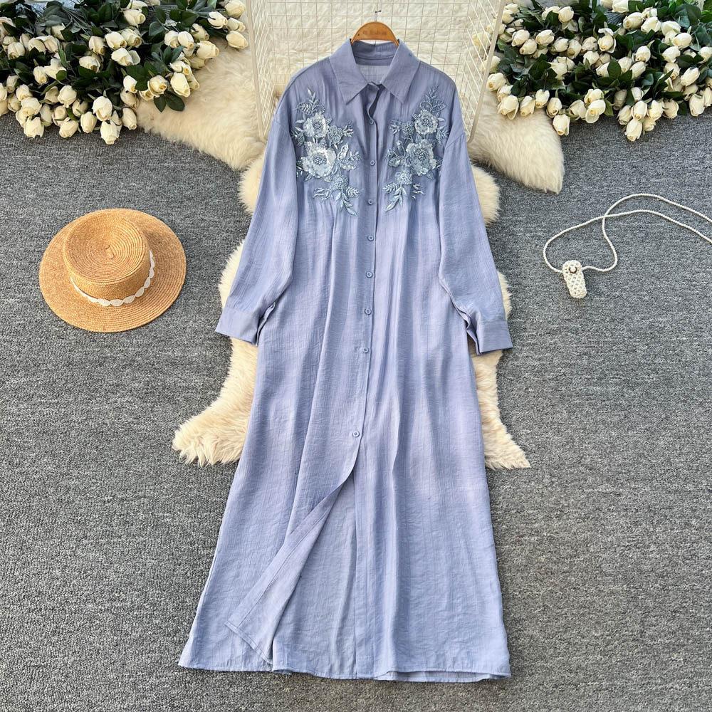 French retro three-dimensional flower embroidery red A-word dress women's autumn long-sleeved thin temperament long dress