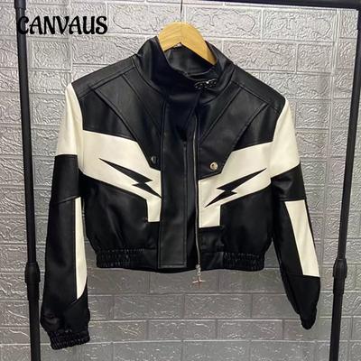 Spring and Autumn Women's Plus Size Biker Handsome Jacket Black and White Clashing Colour Splicing Embroidered Jacket