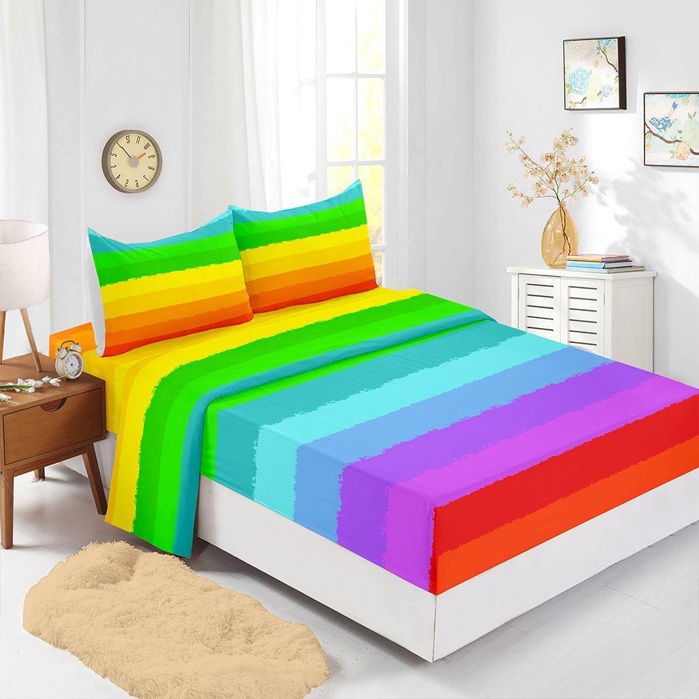 Rainbow Gradual Change Color Four-Piece Mattress Digital Printing Mattress Protective Cover Bedding
