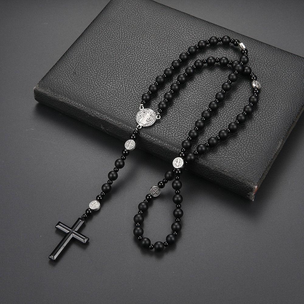 Rosario Nero alla Moda con Perline Rotonde Croce Classica con Ciondolo Regalo Rosario