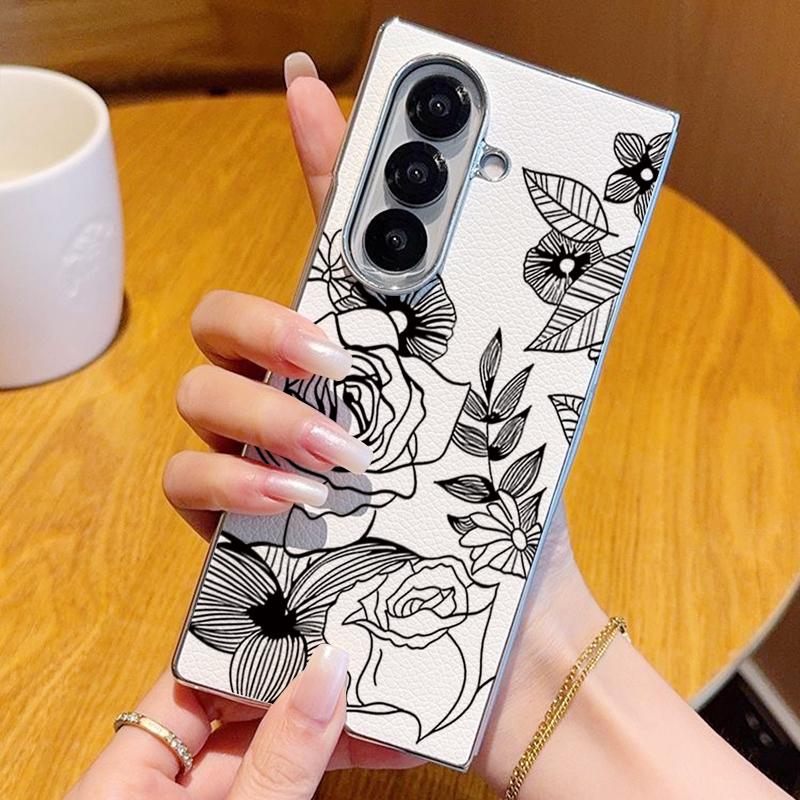 Line Flower Pattern Case For Samsung Z Fold 7 6 5 Luxury Hybrid 3in1 Leather Skin Plating Folding Phone Cover For Samsung Z Fold7 Fold6 Fold5