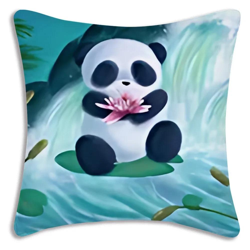 Cartoon Panda Print Decorative Pillowcase Car Sofa Square Cushion Pillowcase