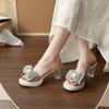 2025 Summer New Transparent Square Head Bow High-heeled Slippers Women's Rhinestone Open-toed Stiletto Sandals with Skirt
