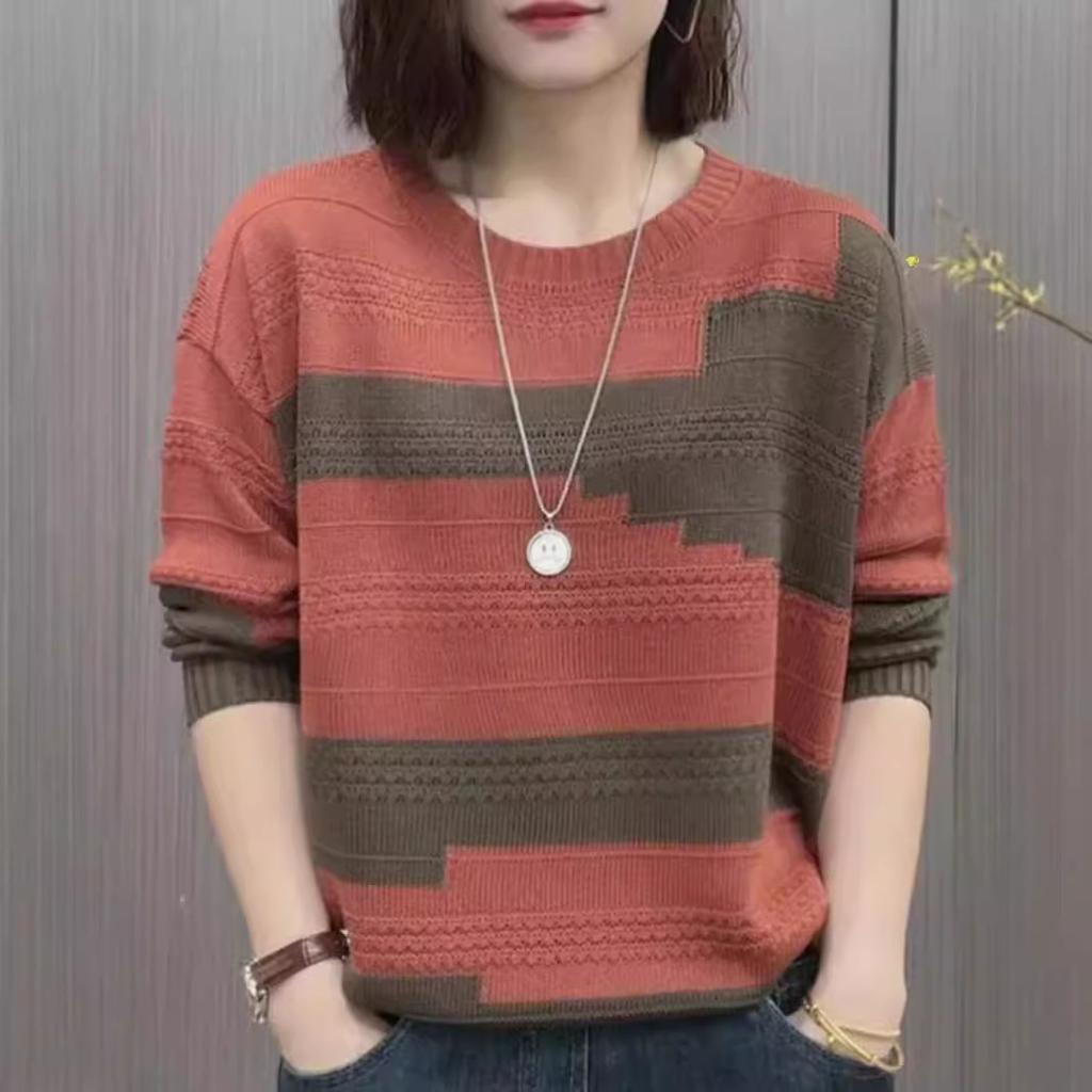Retro Round Neck Color Matching Knitted Sweater Women's Spring and Autumn Live Broadcast Popular Fashion Casual Versatile Foreign Style Long-sleeved