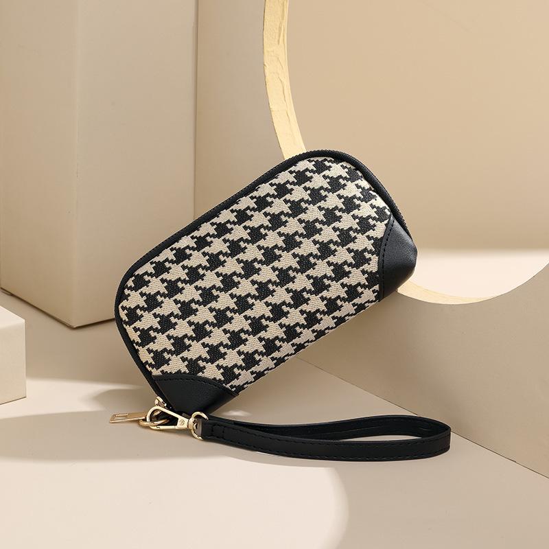 Women Houndstooth Wristlet Wallet Large Capacity Zipper Coin Purse Fashion Clutch Pouch Card Holder Phone Cosmetic Storage Bag