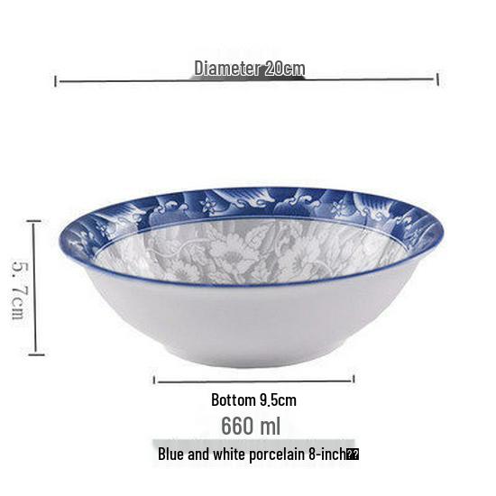 4-Piece 8-Inch Ceramic Noodle Bowls: Underglaze Blue and White Porcelain Conical Soup Bowls, Household Tableware.