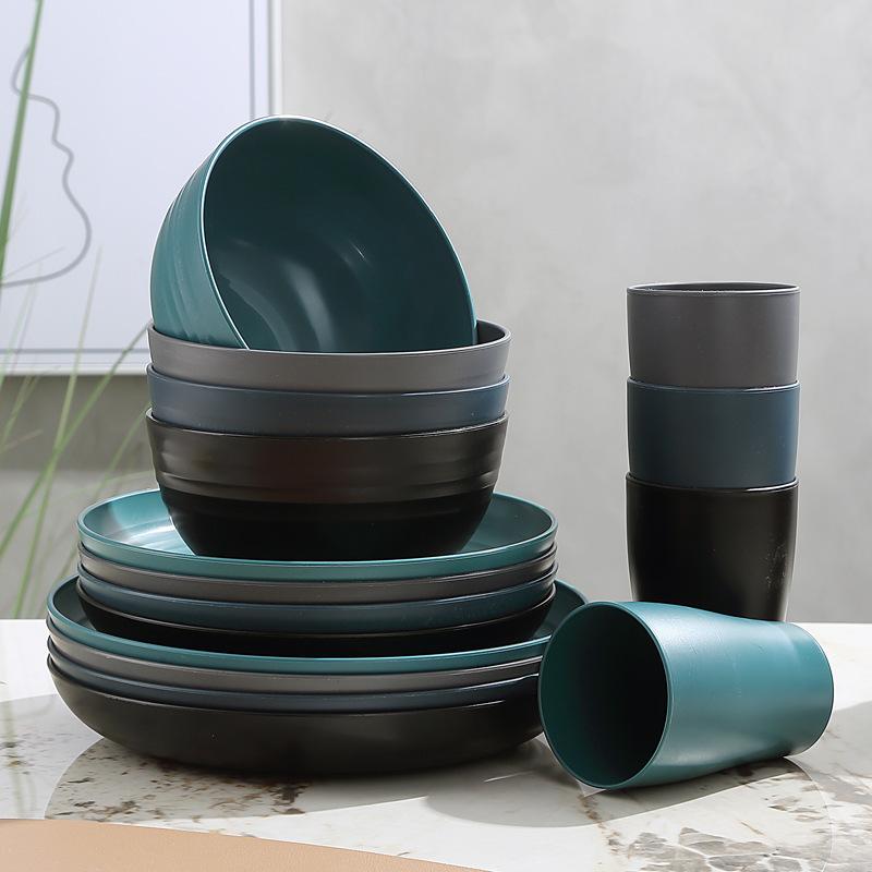 16 Piece Set Dark Colored Tableware Set,Bowls,Cups,Plates For Household Dining, Plastic Soup Bowls,Plates,Cups,Tableware,Gifts