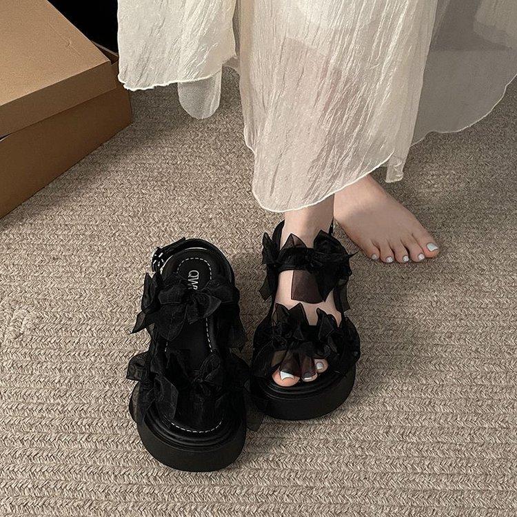 White French Bow Platform Sandals Women's 2025 New Summer Wear with Skirt High-end Fairy Shoes