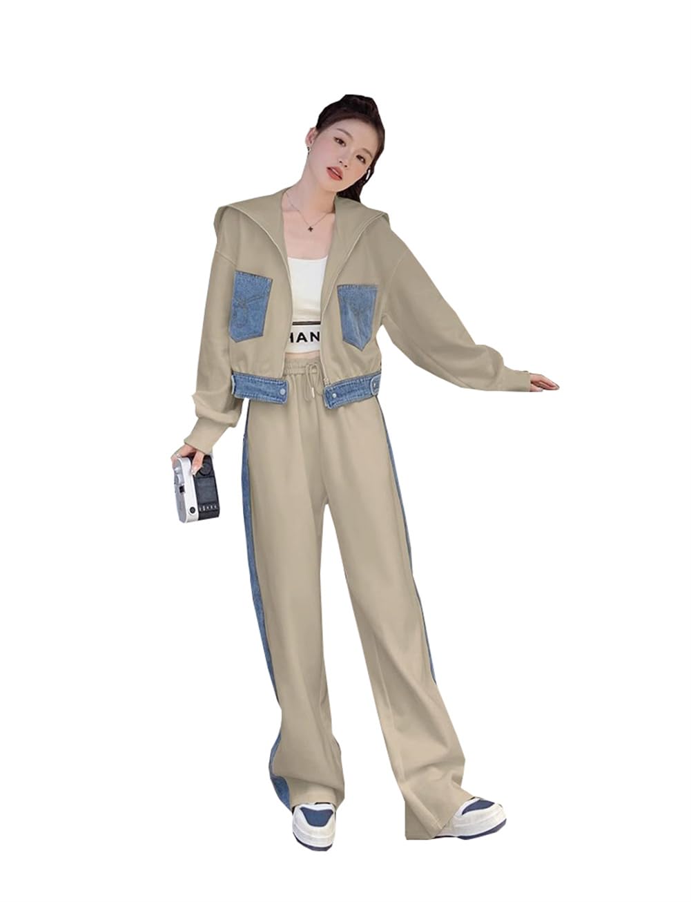 

YUNHEN Осенняя куртка с длинным рукавом и брюки с милым и стильным осенним повседневным худи и спортивным костюмом Размер Женский комплект Широкие худи, (Хаки, 6)