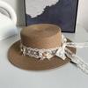 French Lace Bow Strap Straw Hat Women's Spring and Summer Vacation on The Beach and Travel on A Large Brim Sun Protection Flat Top Straw Hat