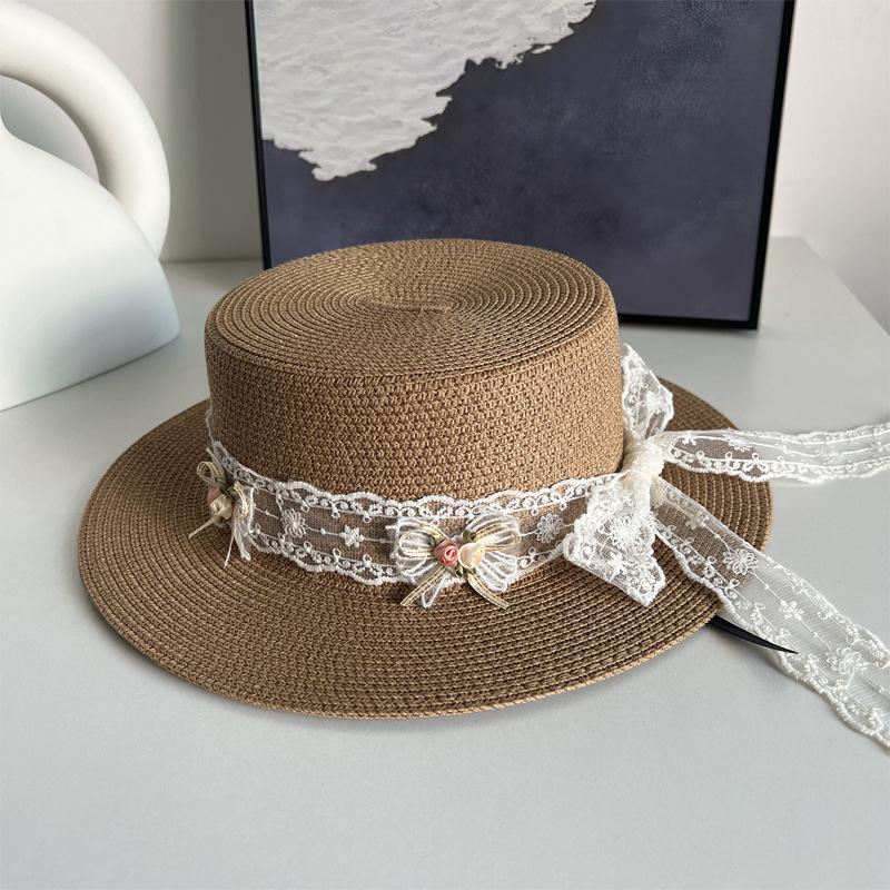 French Lace Bow Strap Straw Hat Women's Spring and Summer Vacation On The Beach and Travel On A Large Brim Sun Protection Flat Top Straw Hat