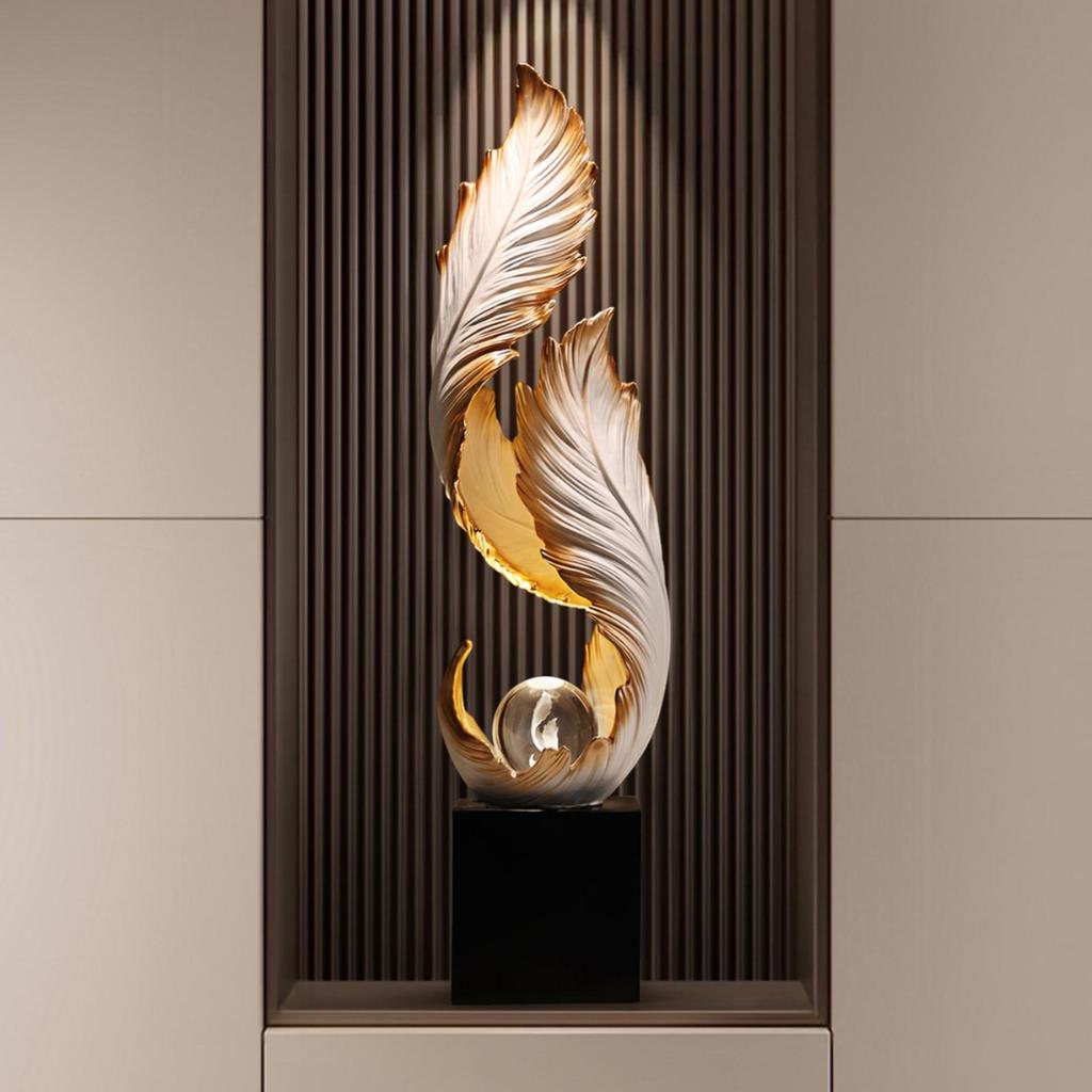 Golden Plume Statue Layered Floor decor Standing Ornament Slender Feather