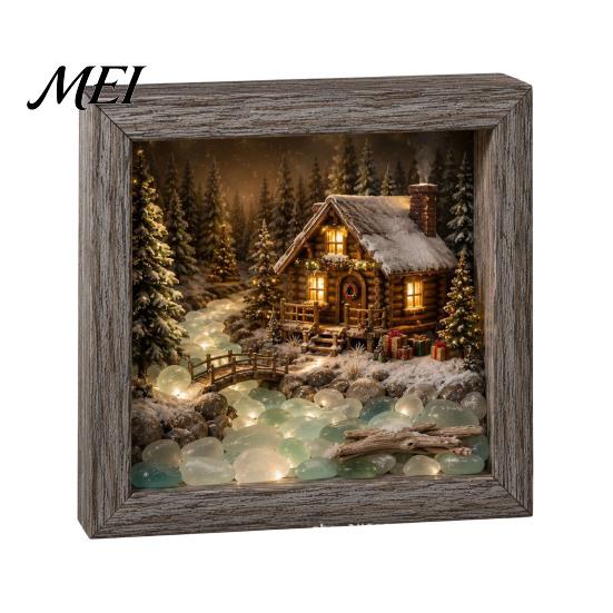 Wooden Landscape Ornament Christmas Snowy Night Light Picture Frame, Vintage Frame 3D Mini Lighted Shadow Box Lamp, Desktop Atmosphere Decor