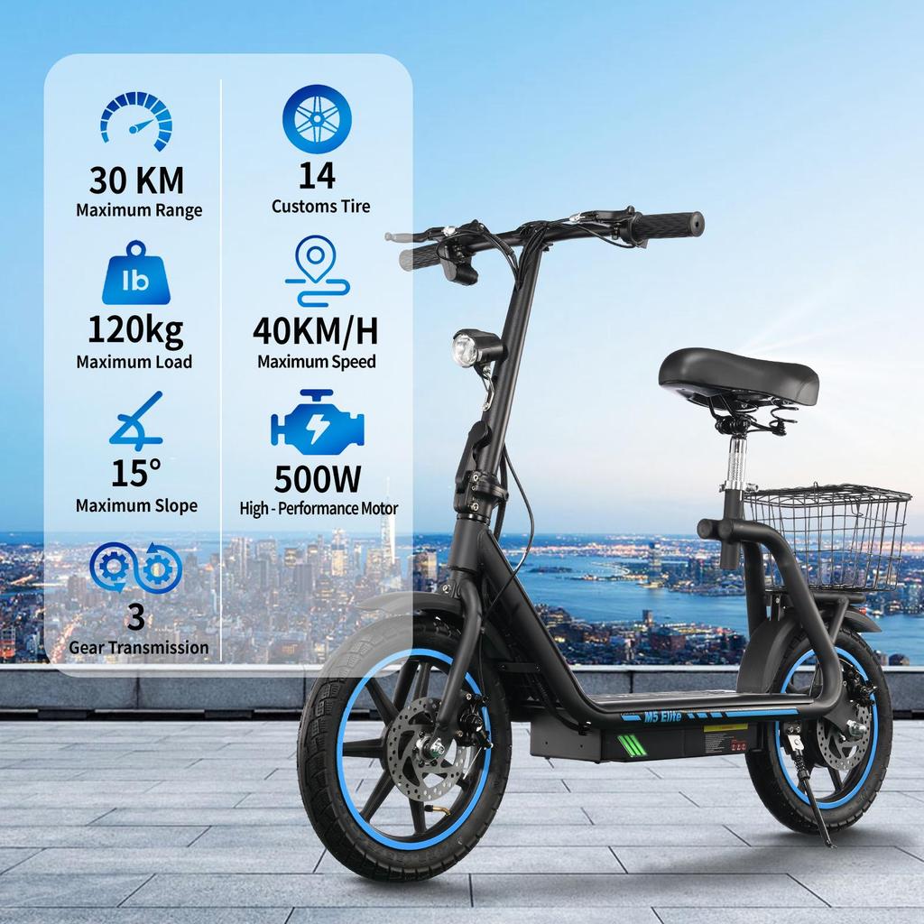 Elektrická kolobežka TWOFISH M5-Elite s košíkom 14" pneumatika 500W motor 48V13Ah batéria Max. rýchlosť 40km/h Max. dojazd 30km Čierna