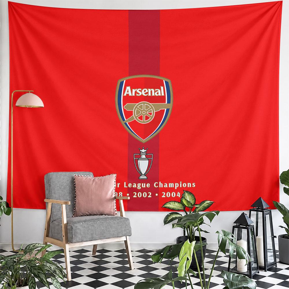 Red background with Arsenal crest and trophy emblem centered vertically. Patterned tapestry for bedroom and living room home decor