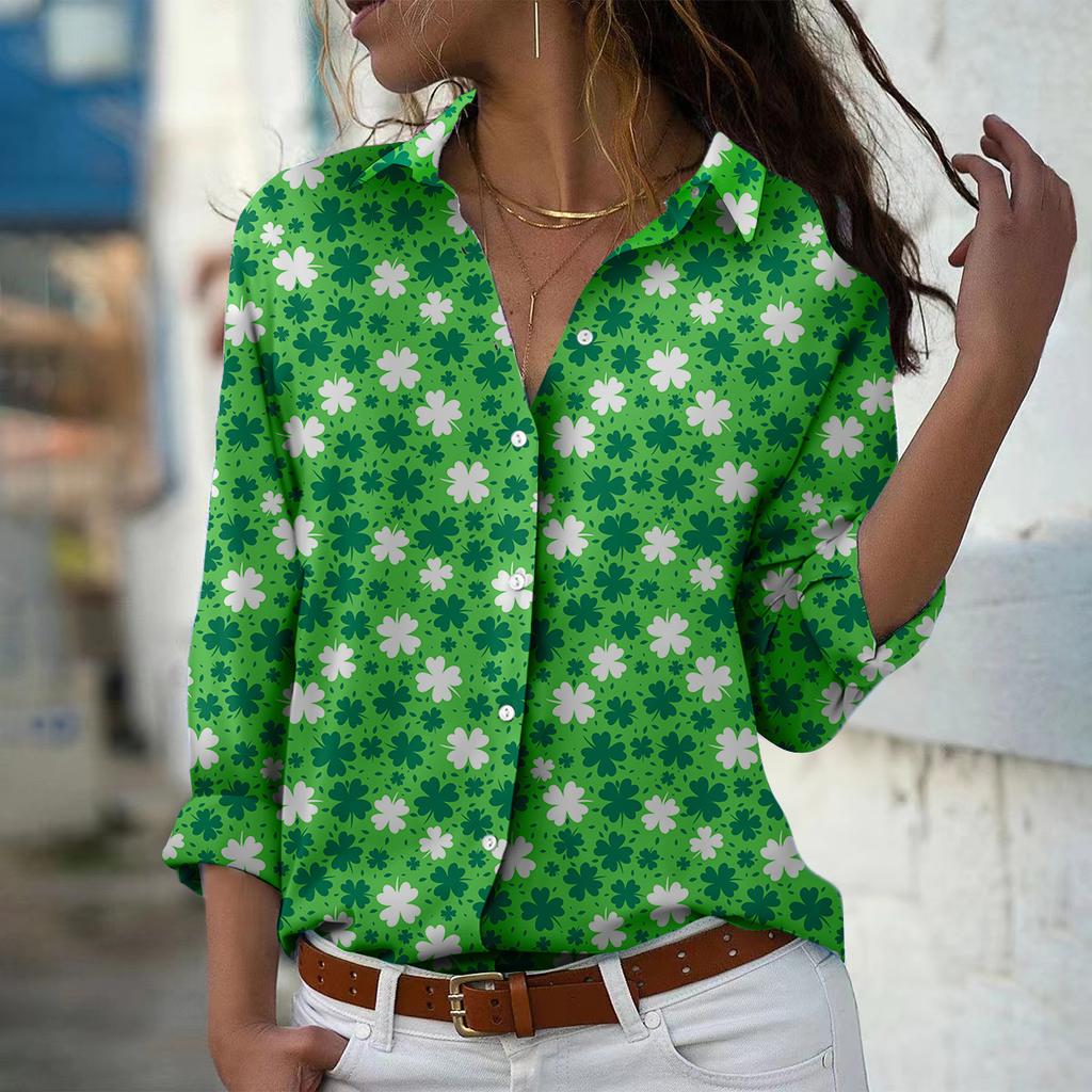 Bluză de damă cu imprimeu de trifoi, primăvară și toamnă, pentru birou, cu nasturi și guler răsturnat