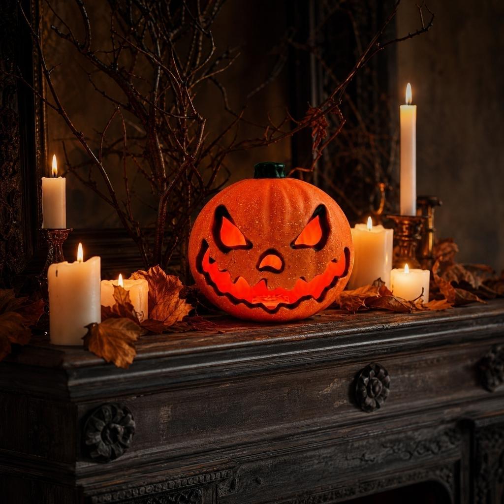 Resin LED Hollow Pumpkin Light Halloween Decorative Sculpture for Indoor Outdoor Party Table Centerpiece Home Decor