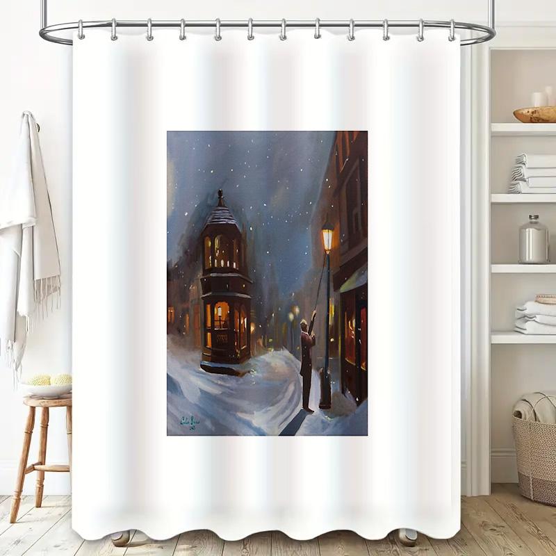Vintage Winter Cityscape Shower Curtain Snowy Street Scene Victorian Era Wall Art Bathroom Decor Elegant Gothic Dark Academia