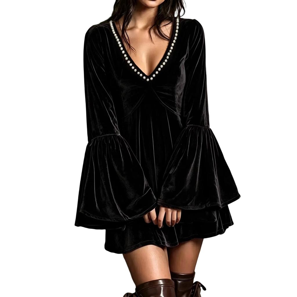 Women's Color Velvet Boho Dress with and Bell Sleeves for Evening Party