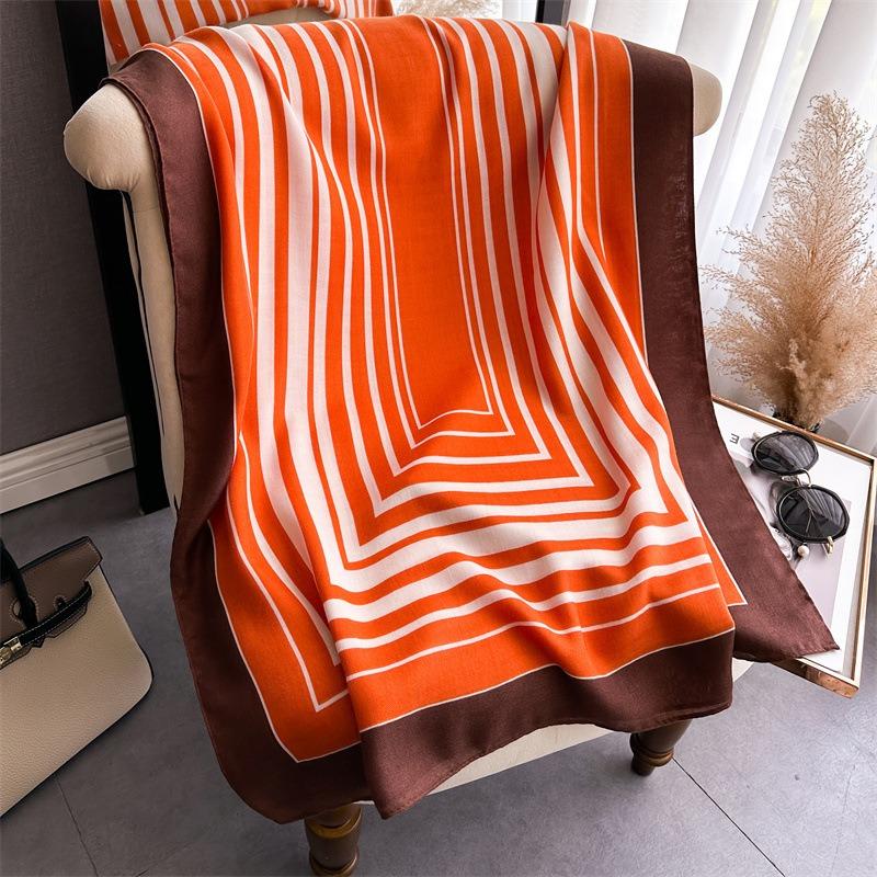 New Extended Printed Silk Scarf Striped Scarf Scarf Cotton and Linen Sunscreen Shawl Versatile Autumn and Winter Headscarf Women