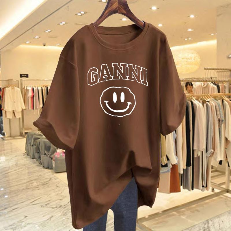 

Smiley face printed pure cotton white short-sleeved t-shirt women s medium and long loose large version top bottoming shirt XXXL