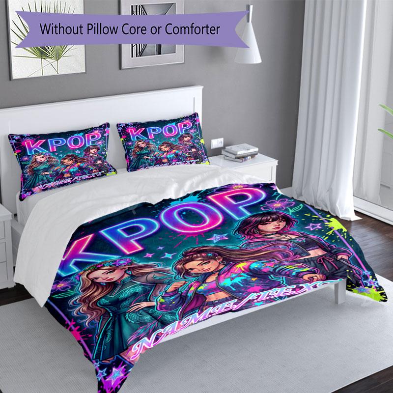3PC Custom Name KPOP Neon Fashion Bedding Set Duvet Cover Closure Includes 1 Duvet Cover & 2 Pillowcases for Bedroom